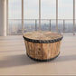 DUNLOE RECYCLED ELM PARQUET DRUM COFFEE TABLE WITH DARK IRON RING - MyChocolateWood