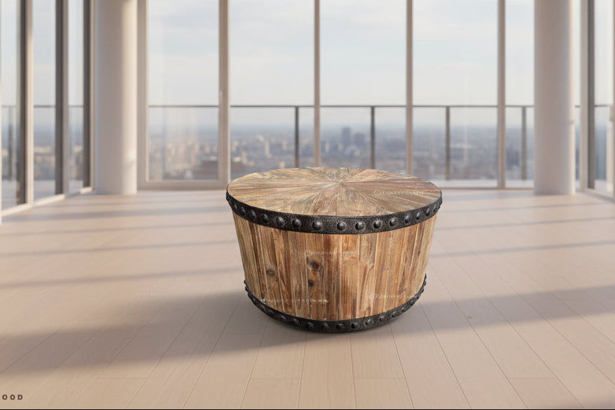 DUNLOE RECYCLED ELM PARQUET DRUM COFFEE TABLE WITH DARK IRON RING - MyChocolateWood
