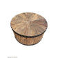 DUNLOE RECYCLED ELM PARQUET DRUM COFFEE TABLE WITH DARK IRON RING - MyChocolateWood