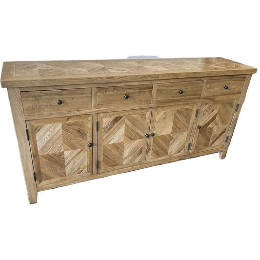 Dutchy French provincial style buffet sideboard with four doors, four drawers, and a parquetry pattern, 180 cm wide.
