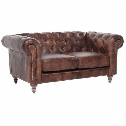 ELAINE 2-SEATER AGED LEATHER SOFA IN DISTRESSED BROWN
