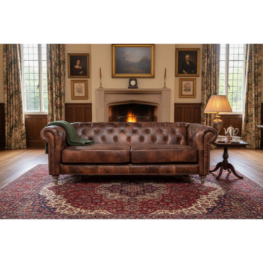 ELAINE 3-SEATER AGED LEATHER SOFA IN DISTRESSED BROWN