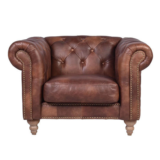 ELAINE AGED LEATHER ARMCHAIR IN DISTRESSED BROWN - MyChocolateWood