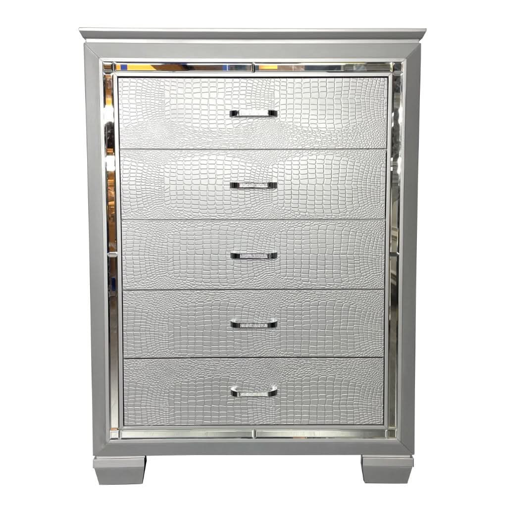 ELARA  RUBBERWOOD 5-DRAWER TALLBOY CHEST OF 5 DRAWERS SILVER - MyChocolateWood