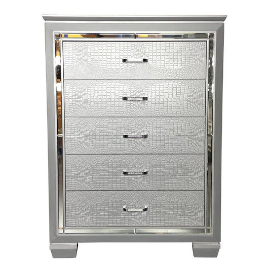 ELARA  RUBBERWOOD 5-DRAWER TALLBOY CHEST OF 5 DRAWERS SILVER - MyChocolateWood