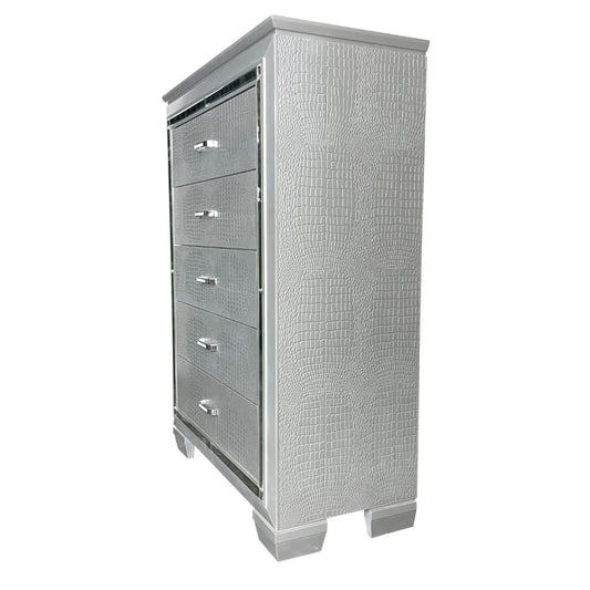 ELARA RUBBERWOOD 5-DRAWER TALLBOY CHEST OF 5 DRAWERS SILVER - MyChocolateWood