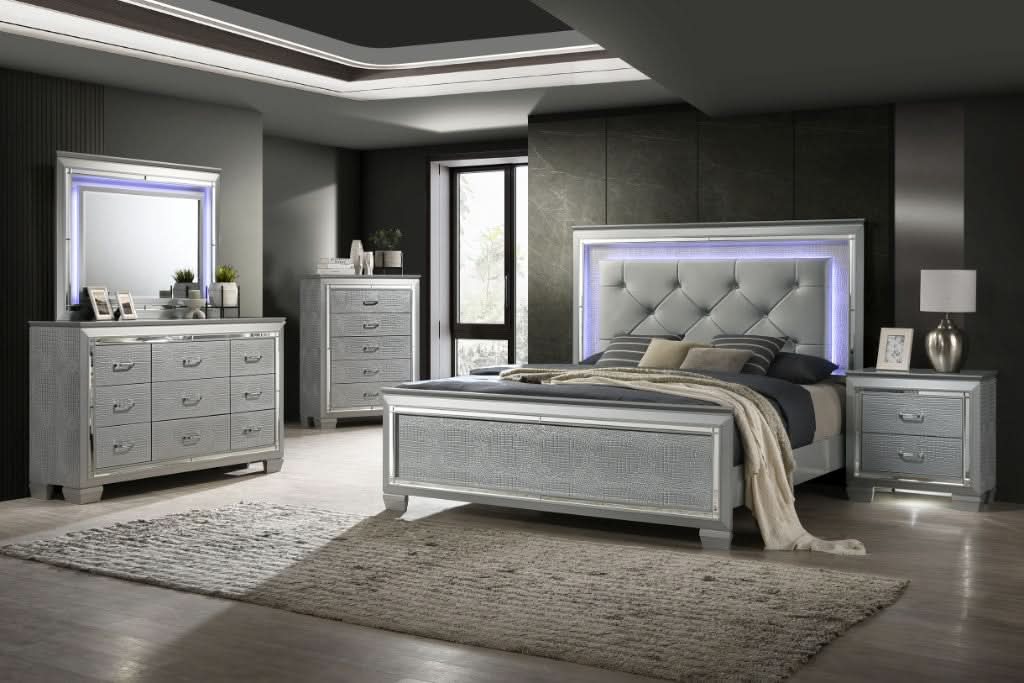 ELARA  RUBBERWOOD 5-DRAWER TALLBOY CHEST OF 5 DRAWERS SILVER - MyChocolateWood
