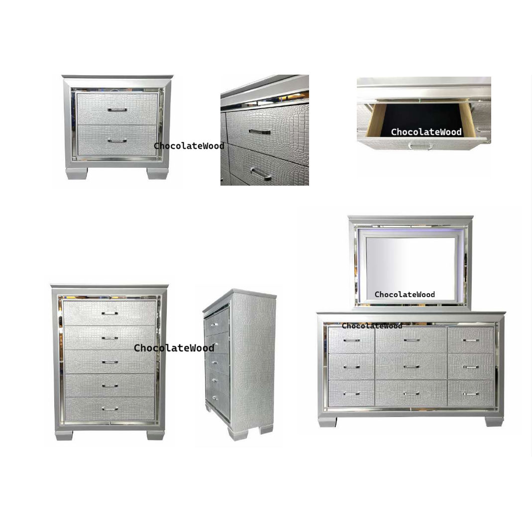 ELARA RUBBERWOOD QUEEN BED WITH LED LIGHT - SILVER - MyChocolateWood