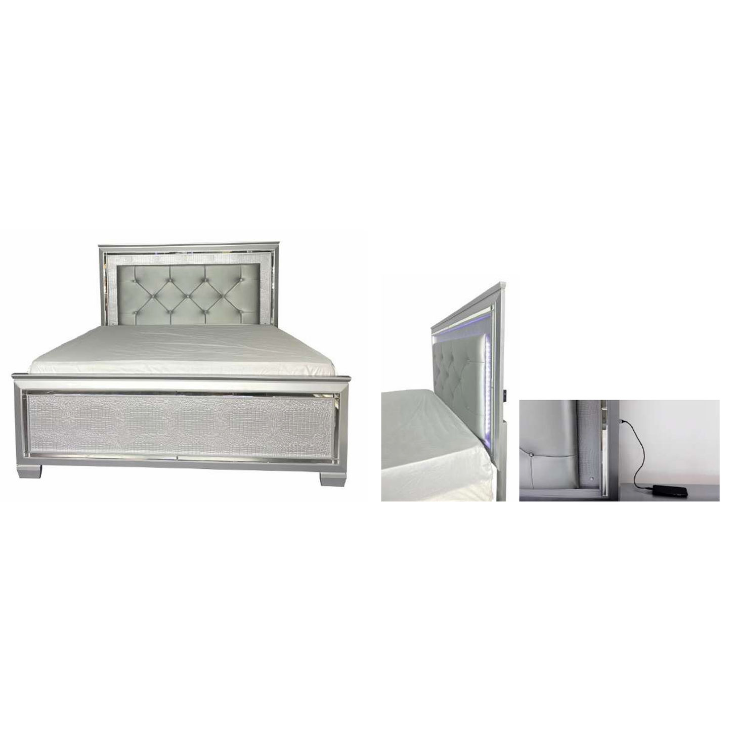 ELARA RUBBERWOOD QUEEN BED WITH LED LIGHT - SILVER - MyChocolateWood