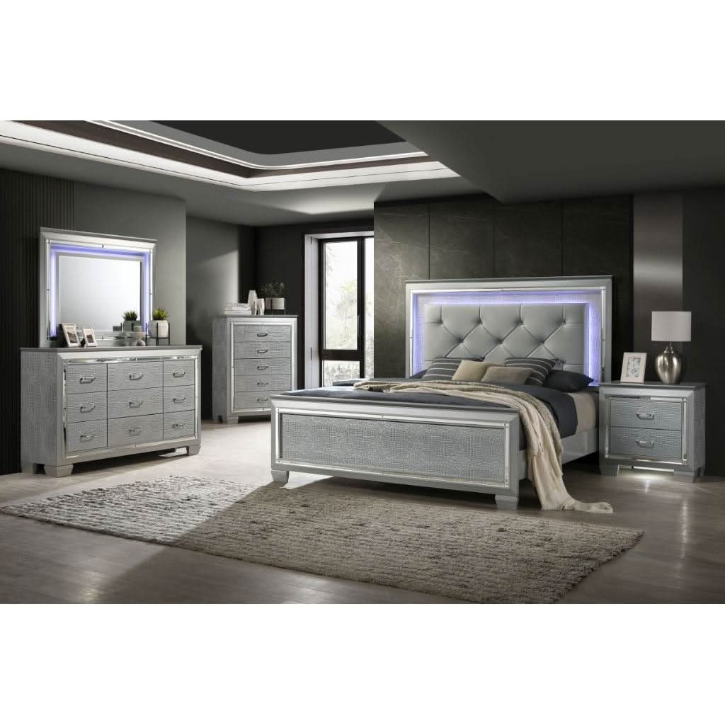 ELARA  RUBBERWOOD QUEEN BED WITH LED LIGHT - SILVER - MyChocolateWood