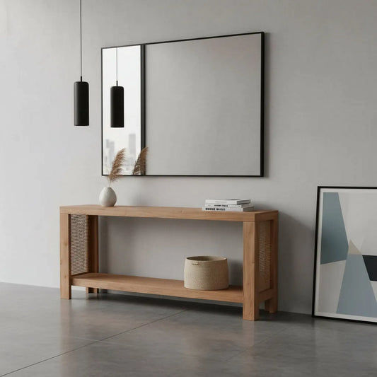 ELDRIDGE CONSOLE TABLE/HALL TABLE IN MINDI WOOD LIGHT TOBACCO - MyChocolateWood