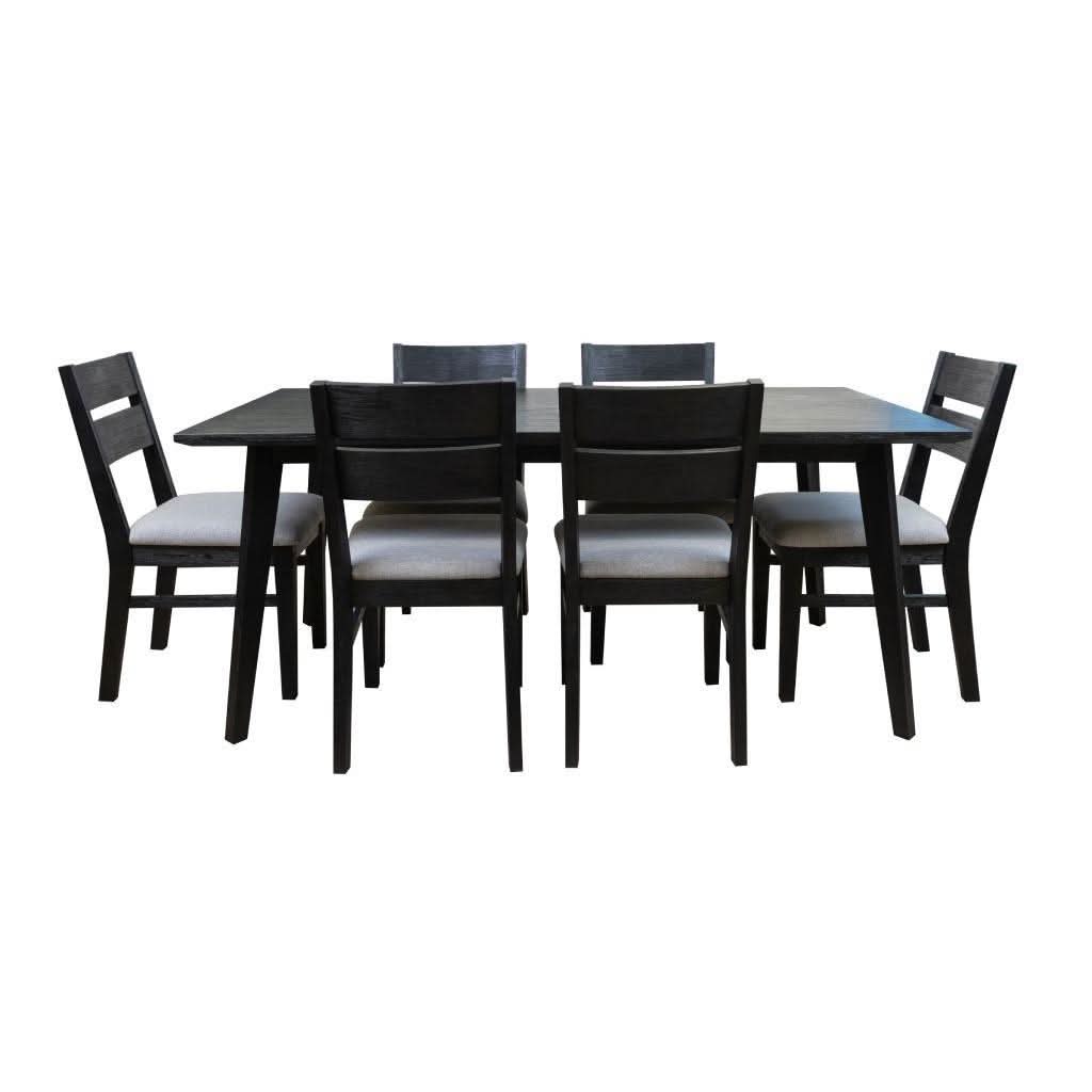 ELIJAH BRUSHED BLACK ACACIA TIMBER 7-PIECE DINING SET 1 TABLE 180CM + 6 DINING CHAIRS - MyChocolateWood