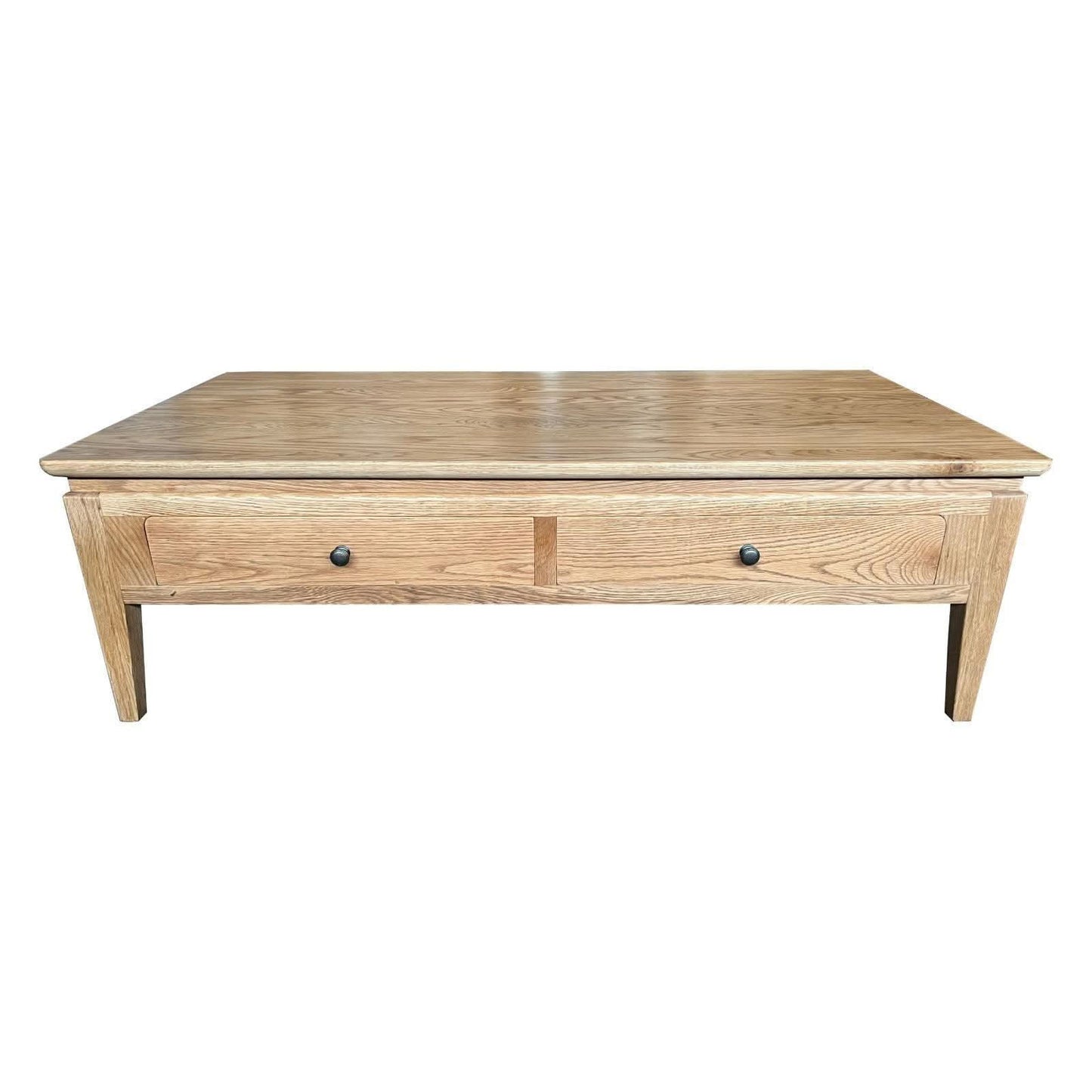 Solid oak Ella coffee table with two drawers by MyChocolateWood, featuring a sleek natural wood finish and modern design.