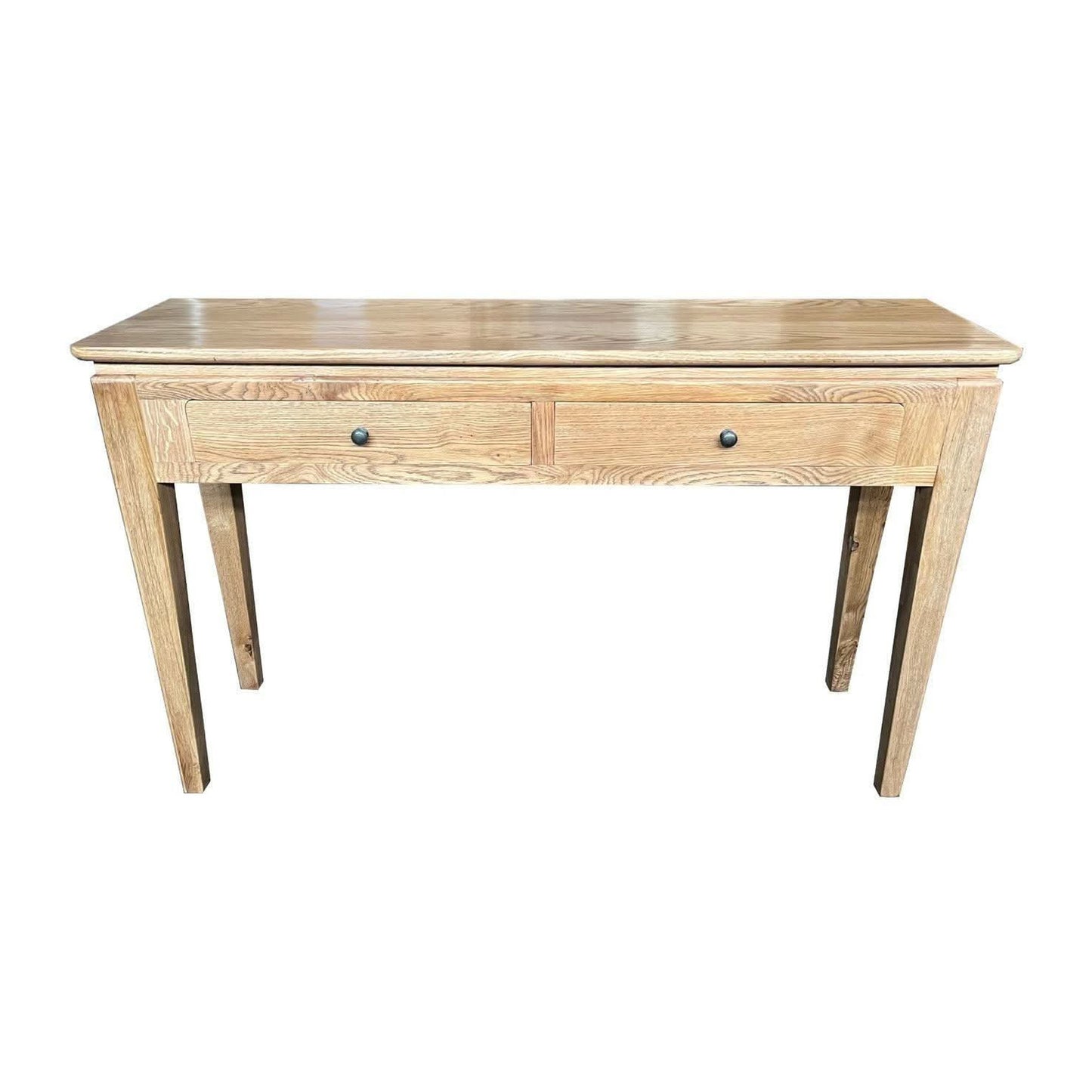 Solid oak Ella console table with two drawers, featuring a natural wood finish and sleek design from Chocolate Wood.