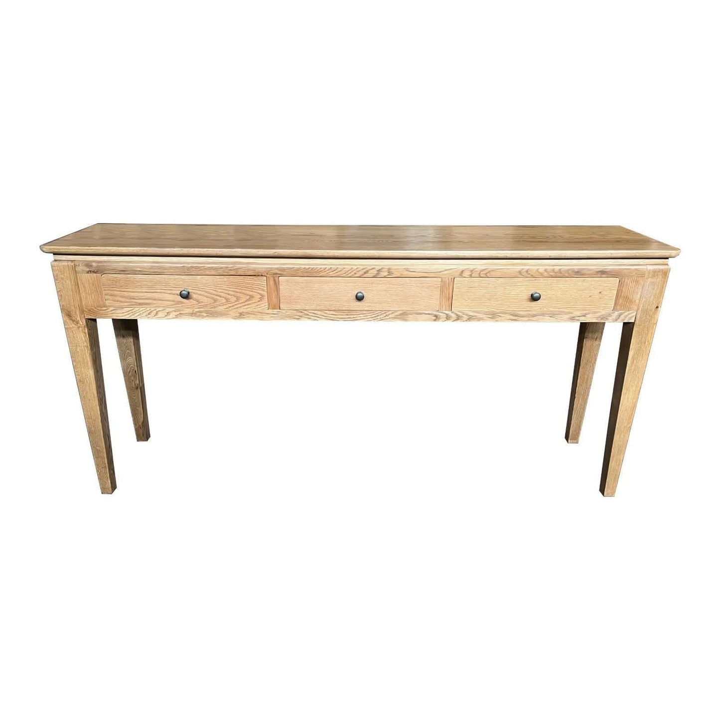 Solid oak Ella console table with three drawers by MyChocolateWood, showcasing a sleek, natural wood finish and functional design.