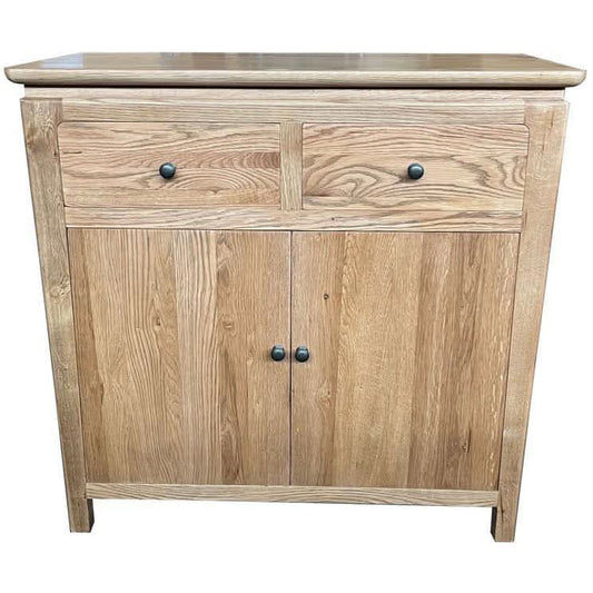 Ella solid oak cabinet by MyChocolateWood with two doors and two drawers, natural wood finish, showcasing a sleek sideboard design.