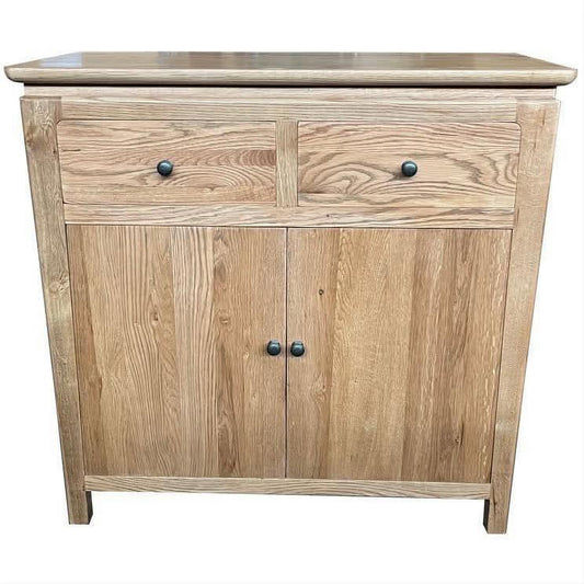Ella solid oak cabinet by MyChocolateWood with two doors and two drawers, natural wood finish, showcasing a sleek sideboard design.