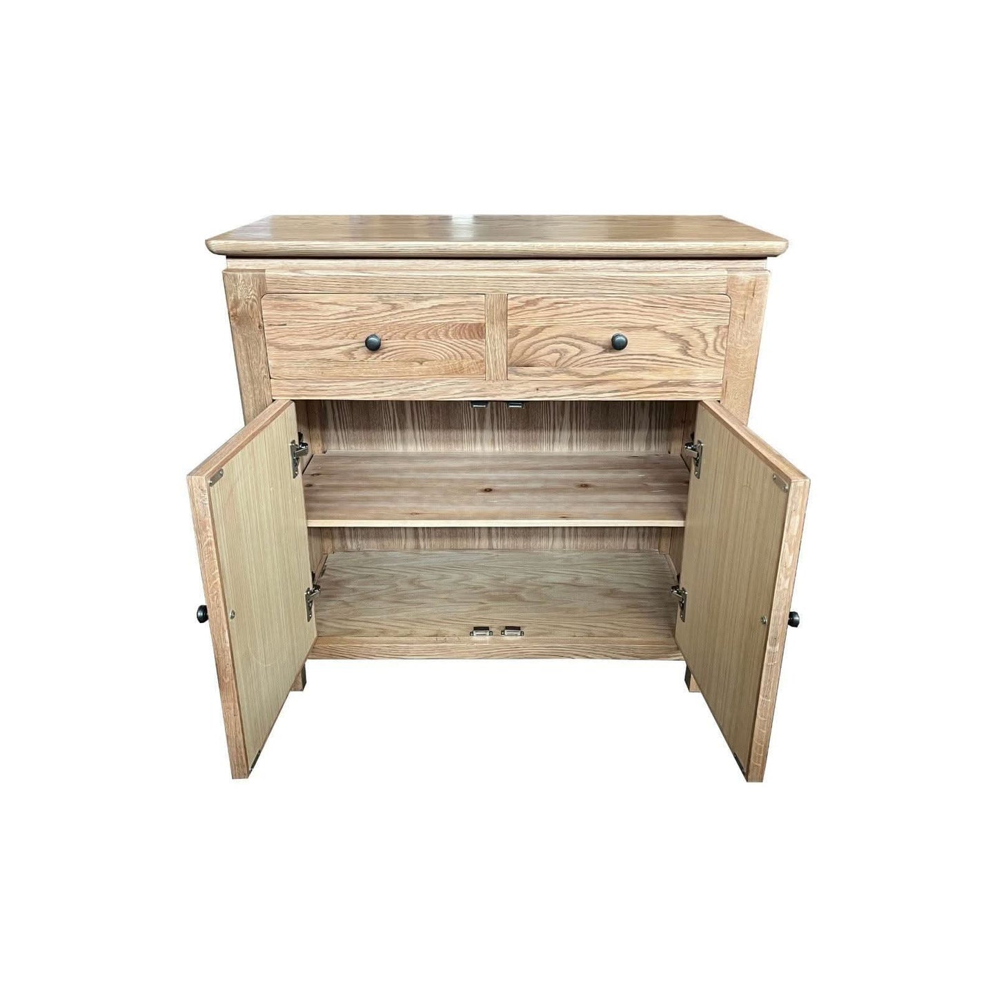 Ella solid oak cabinet by MyChocolateWood with two doors and two drawers, natural finish, showcasing a sleek, modern sideboard design.