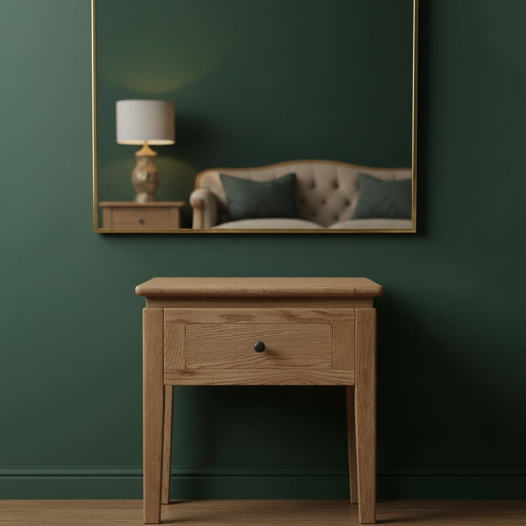 Ella solid oak lamp table with one drawer by MyChocolateWood, featuring natural wood grain and a sleek, functional design.