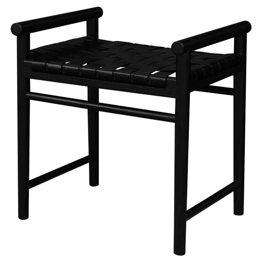 ELLIOT SOLID OAK SINGLE SEATER BENCH WITH GENUINE WOVEN LEATHER BLACK - MyChocolateWood