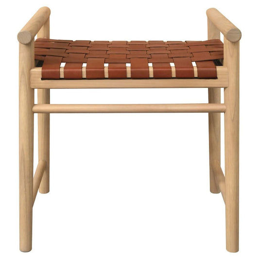 ELLIOT SOLID OAK SINGLE SEATER BENCH WITH GENUINE WOVEN LEATHER TAN/NATURAL - MyChocolateWood