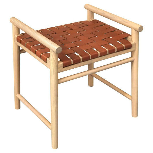 ELLIOT SOLID OAK SINGLE SEATER BENCH WITH GENUINE WOVEN LEATHER TAN/NATURAL - MyChocolateWood