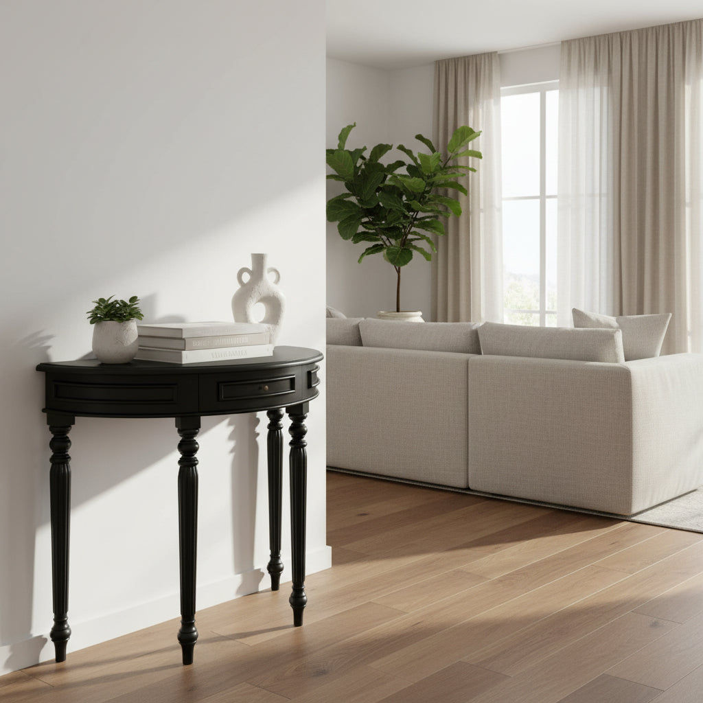 EMERY SOLID MAHOGANY TIMBER HALF MOON CONSOLE TABLE/HALL TABLE  BLACK 83CM - MyChocolateWood