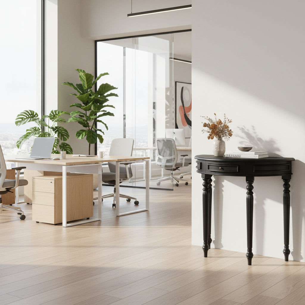 EMERY SOLID MAHOGANY TIMBER HALF MOON CONSOLE TABLE/HALL TABLE  BLACK 83CM - MyChocolateWood