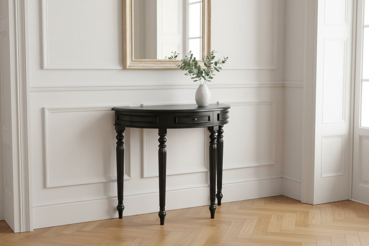 EMERY SOLID MAHOGANY TIMBER HALF MOON CONSOLE TABLE/HALL TABLE  BLACK 83CM - MyChocolateWood