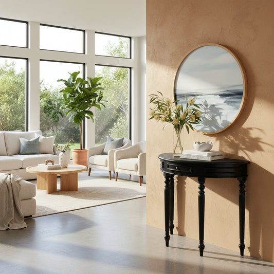 EMERY SOLID MAHOGANY TIMBER HALF MOON CONSOLE TABLE/HALL TABLE  BLACK 83CM - MyChocolateWood