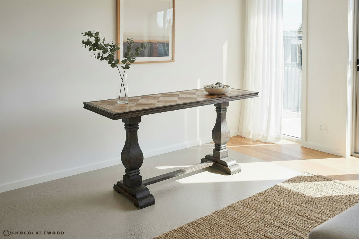 EMPRESS FRENCH PROVINCIAL RECYCLED OAK PEDESTAL HALL TABLE CONSOLE BROWN BROWN - FLOOR STOCK CLEARANCE - MyChocolateWood