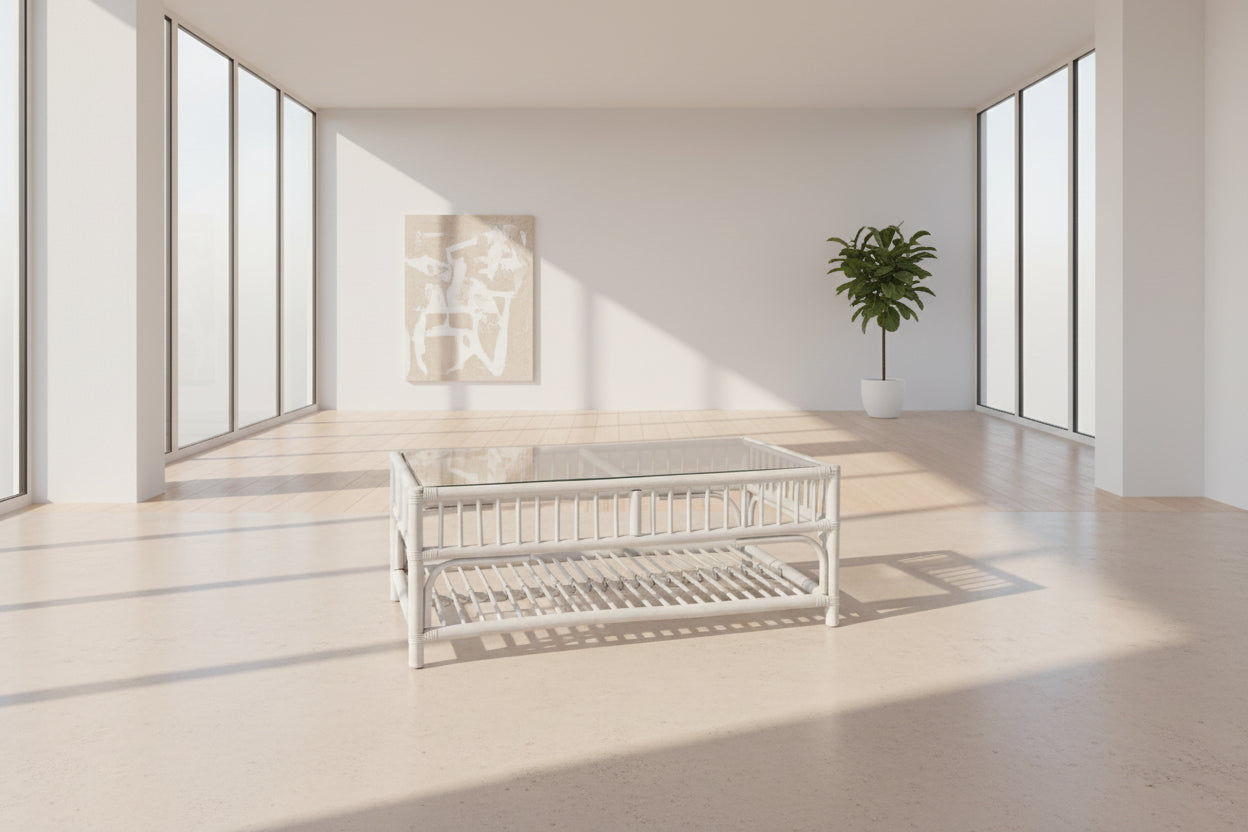 EURO SOLID WHITE RATTAN COFFEE TABLE WITH GLASS TOP - MyChocolateWood