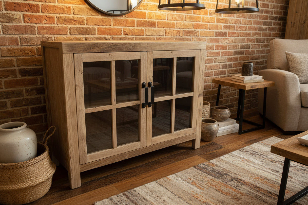 FAIRMONT RECYCLED ELM SIDEBOARD/BUFFET W/GLASS DOORS 1.1M VINTAGEINDUSTRIAL - MyChocolateWood