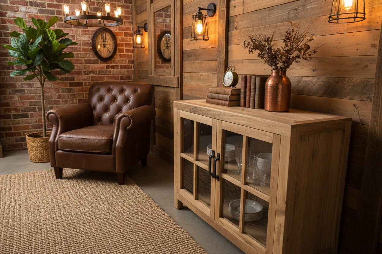 FAIRMONT RECYCLED ELM SIDEBOARD/BUFFET W/GLASS DOORS 1.1M VINTAGEINDUSTRIAL - MyChocolateWood