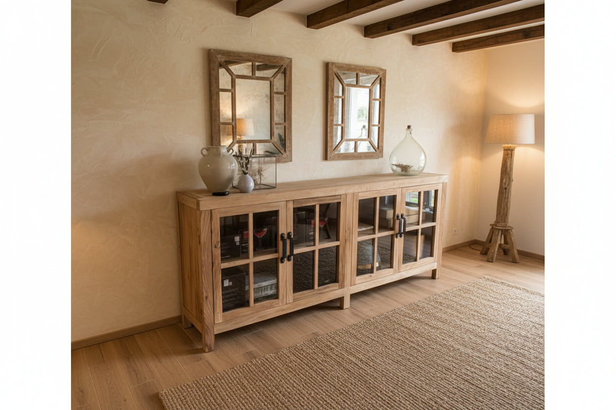FAIRMONT RECYCLED ELM SIDEBOARD/BUFFET WITH GLASS DOORS. 2.1M VINTAGE INDUSTRIAL - MyChocolateWood