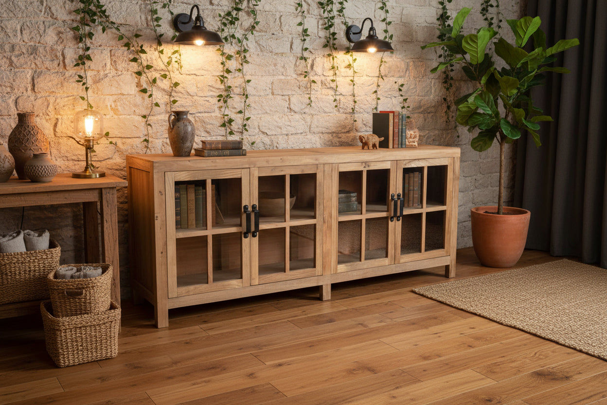 FAIRMONT RECYCLED ELM SIDEBOARD/BUFFET WITH GLASS DOORS. 2.1M VINTAGE INDUSTRIAL - MyChocolateWood