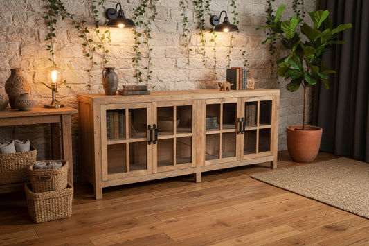 FAIRMONT RECYCLED ELM SIDEBOARD/BUFFET WITH GLASS DOORS. 2.1M VINTAGE INDUSTRIAL - MyChocolateWood