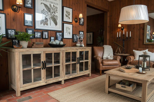 FAIRMONT RECYCLED ELM SIDEBOARD/BUFFET WITH GLASS DOORS. 2.1M VINTAGE INDUSTRIAL - MyChocolateWood