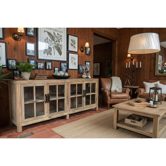 FAIRMONT RECYCLED ELM SIDEBOARD/BUFFET WITH GLASS DOORS. 2.1M VINTAGE INDUSTRIAL - MyChocolateWood