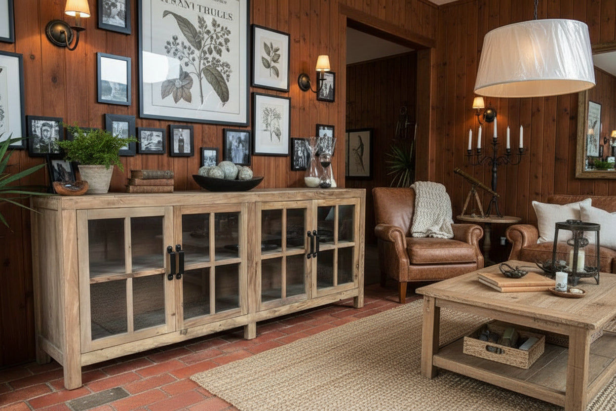 FAIRMONT RECYCLED ELM SIDEBOARD/BUFFET WITH GLASS DOORS. 2.1M VINTAGE INDUSTRIAL - MyChocolateWood