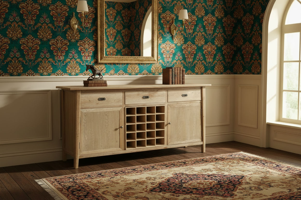 FITAN SOLID OAK SIDEBOARD/BUFFETW/ 20 BOTTLE WINE RACK 3 DRAWER 2-DOOR 180CM - MyChocolateWood