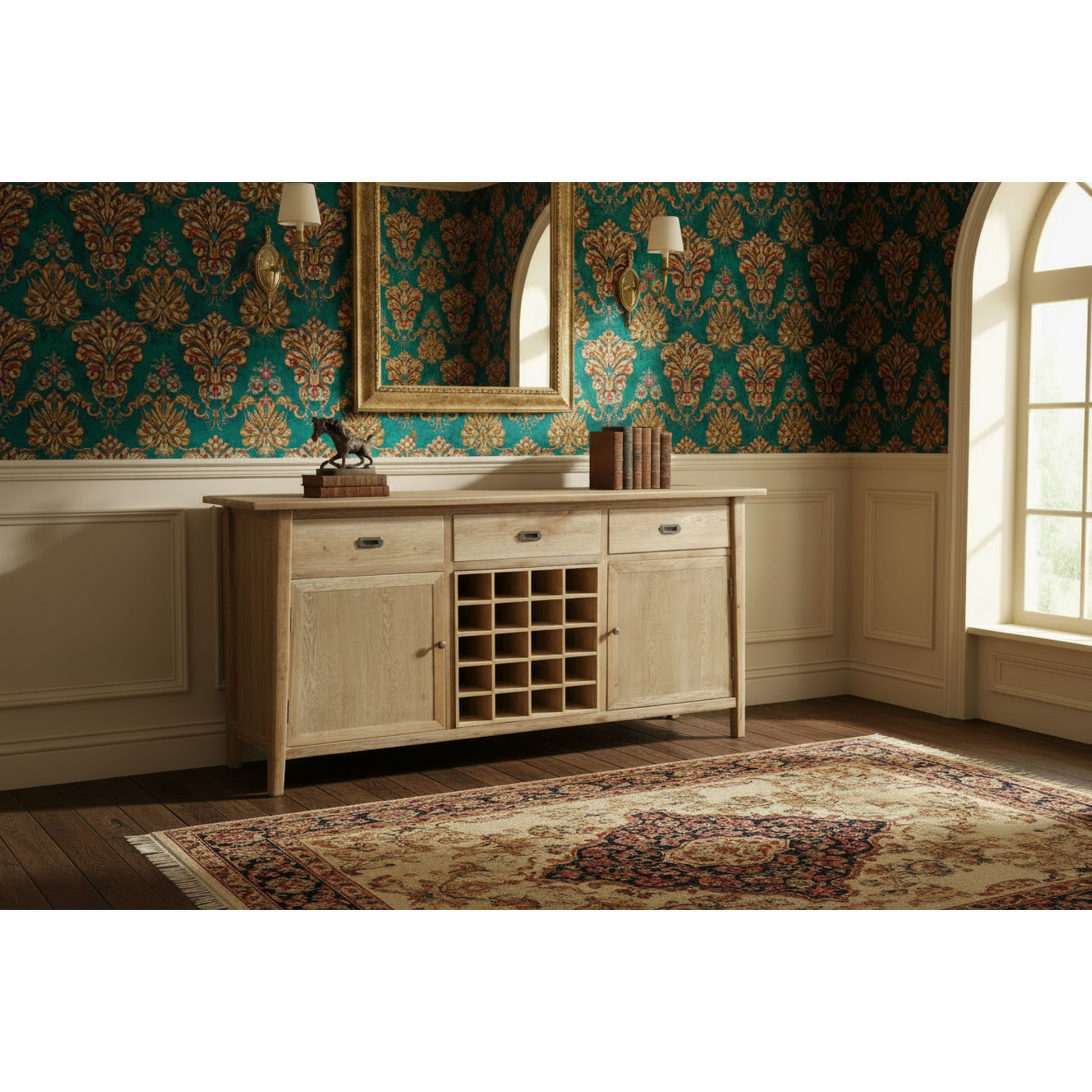 Fitan Solid Oak Sideboard / Buffet with 20 Bottle Wine Rack 180cm in Natural - Chocolate Wood