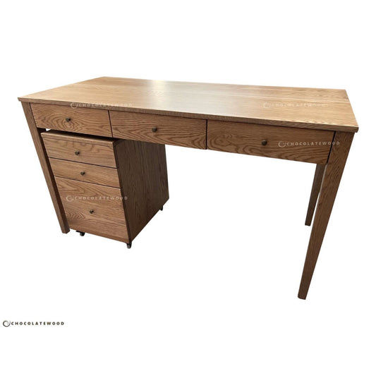 Solid American oak Florence desk and filing cabinet by MyChocolateWood, showcasing a sleek, modern design with storage drawers.