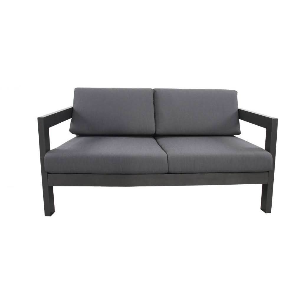 Fritz Outdoor 2-Seater Sofa in Charcoal with Dark Grey Cushions - Chocolate Wood