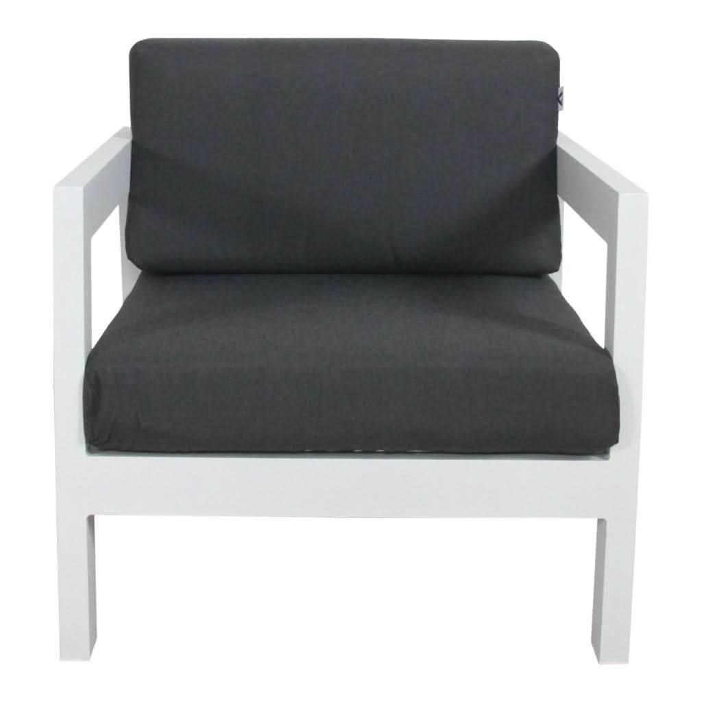 Fritz Outdoor Single Sofa in White with Dark Grey Cushions - Chocolate Wood