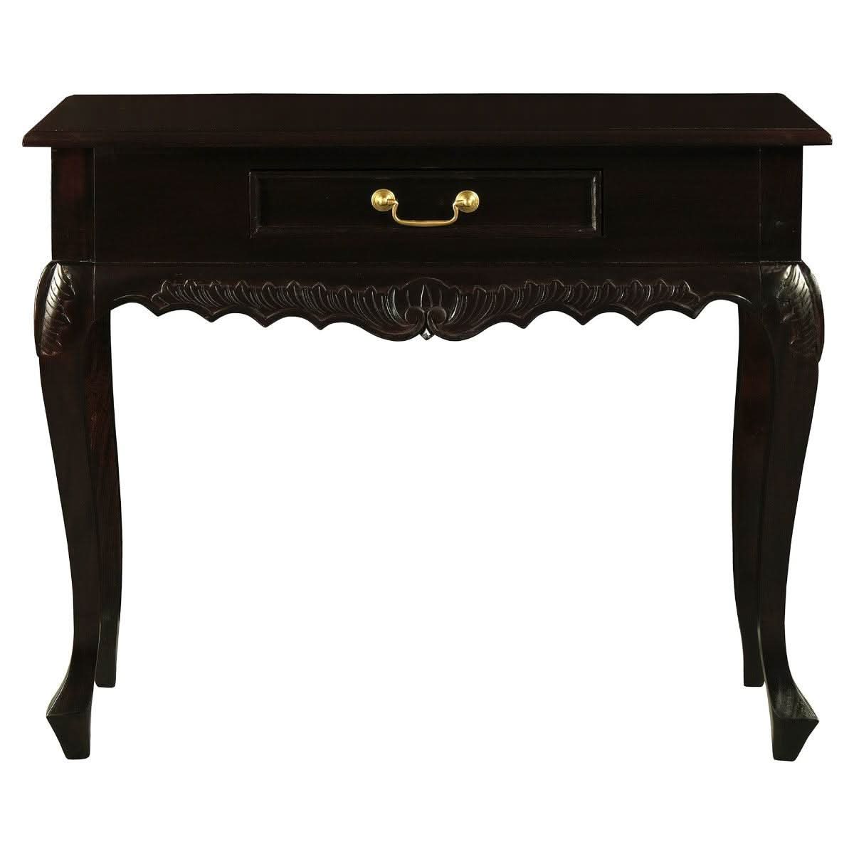 GABRIELLE QUEEN ANN CARVED SOLID MAHOGANY 1 DRAW 90CM CONSOLE TABLE IN CHOCOLATE - MyChocolateWood