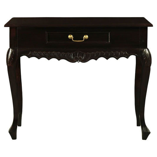 GABRIELLE QUEEN ANN CARVED SOLID MAHOGANY 1 DRAW 90CM CONSOLE TABLE IN CHOCOLATE - MyChocolateWood
