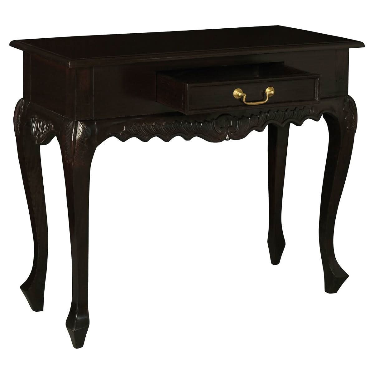 Gabrielle Queen Ann Solid Mahogany Carved 1-Drawer Console Table 90cm in Chocolate - Chocolate Wood