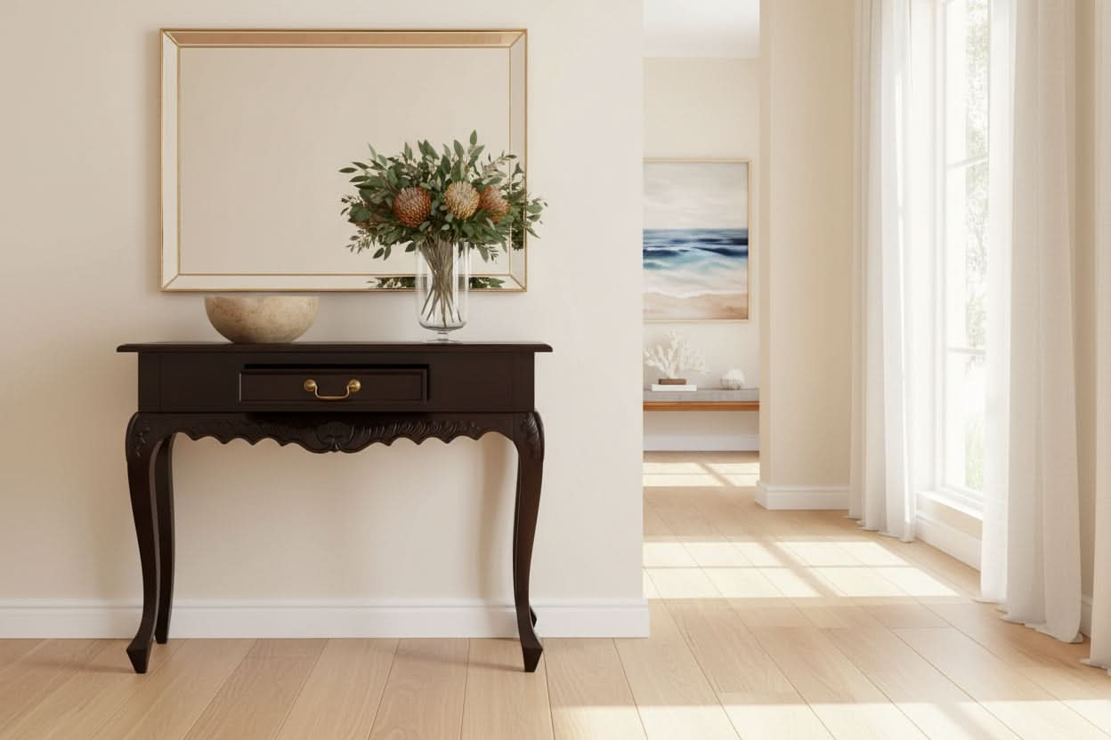 Gabrielle Queen Ann Solid Mahogany Carved 1-Drawer Console Table 90cm in Chocolate - Chocolate Wood
