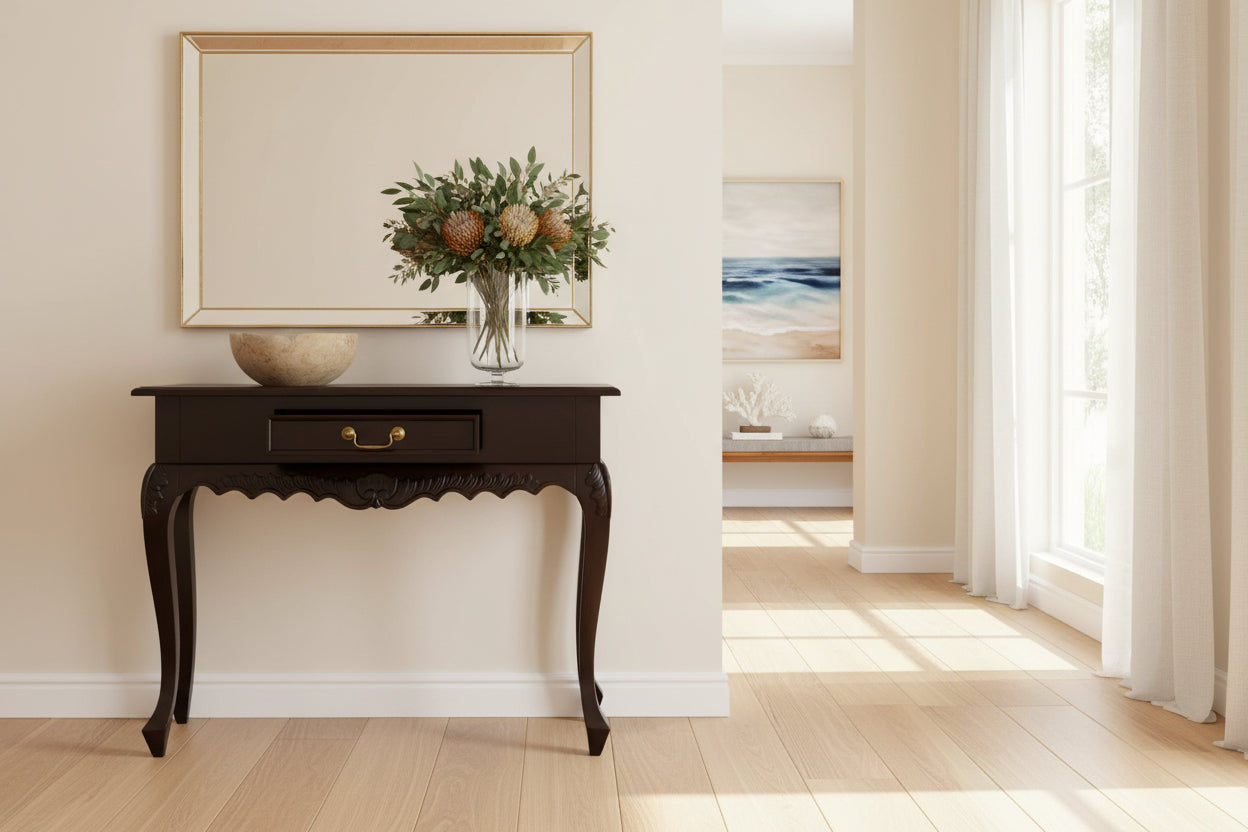 GABRIELLE QUEEN ANN CARVED SOLID MAHOGANY 1 DRAW 90CM CONSOLE TABLE IN CHOCOLATE - MyChocolateWood